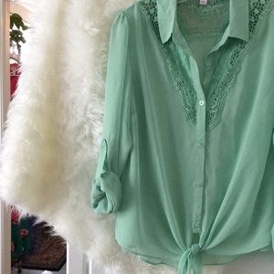 Lace sheer blouse with front tie